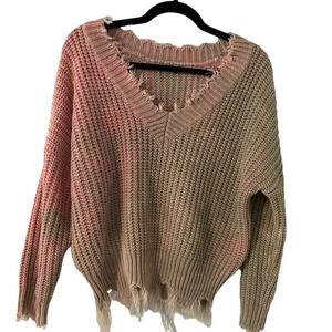 Main Strip Cropped V-Neck Sweater Distressed Hem Two-Toned Pink Tan